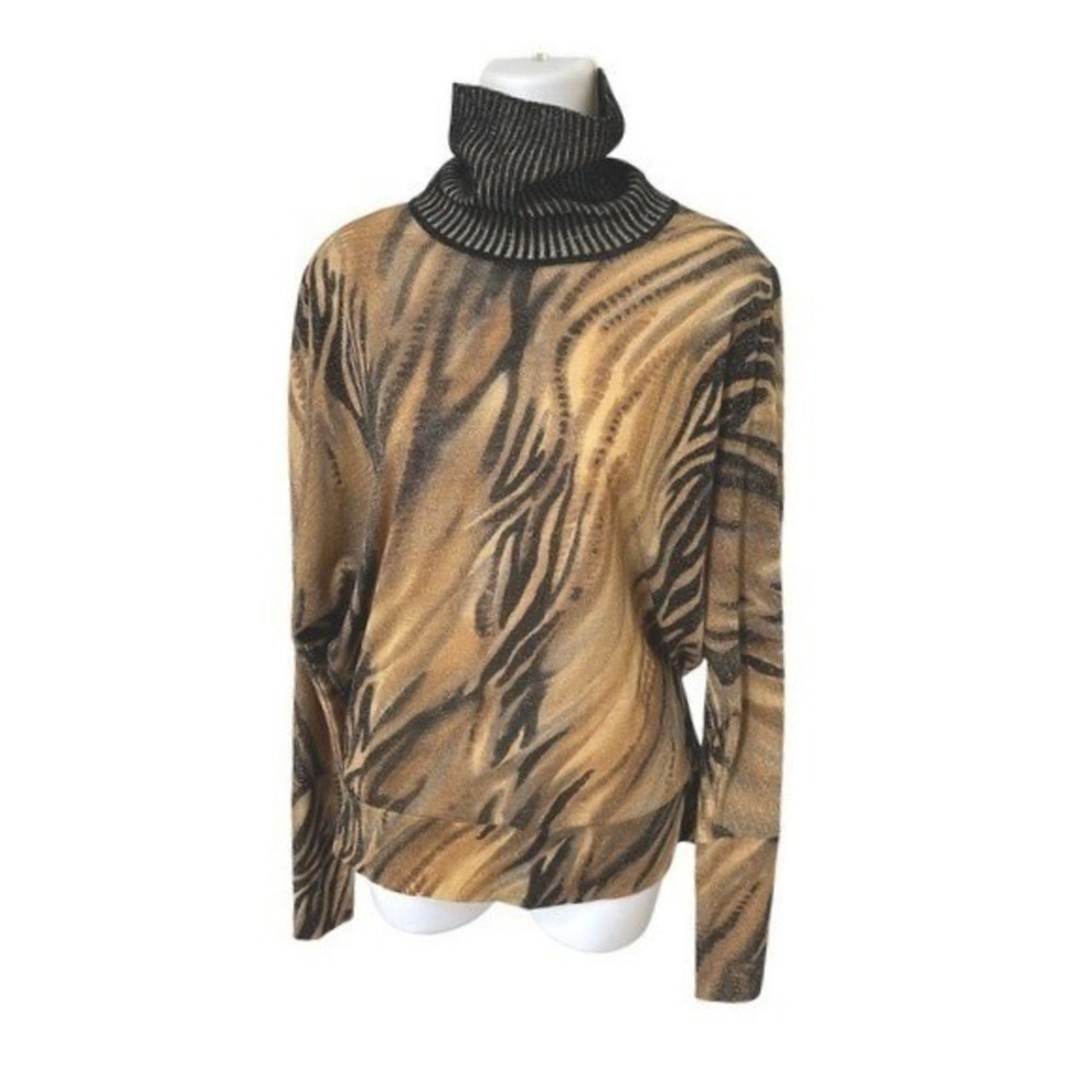 Angelo Marani Turtleneck Sweater Tiger Print Metallic Merino Wool  Italy M/L
